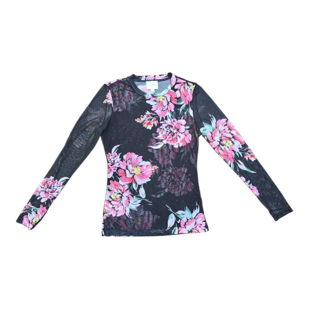 Jade by Johnny Was Natalie Mesh Long Sleeve Top Floral Sheer Mock Neck Size S